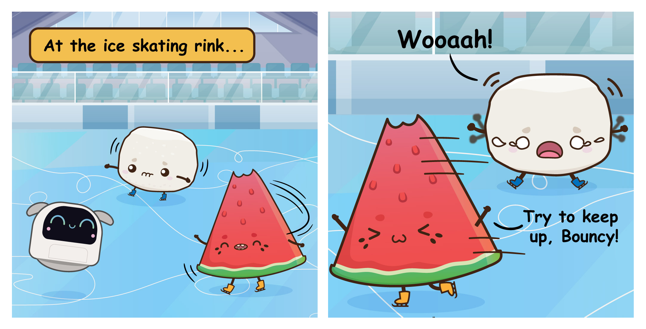 Two-panel comic set at an ice skating rink, where Merry glides effortlessly across the ice while Bouncy struggles to stay balanced on blue skates.
